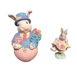 Colorful Easter Bunny Rabbit Holiday Figurines Set of 2 Cottagecore Barbiecore